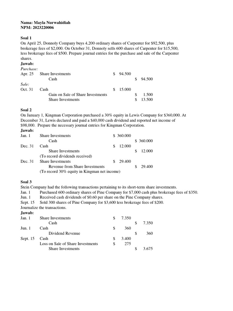 Journal Entries for Share Investments | PDF | Investing | Revenue