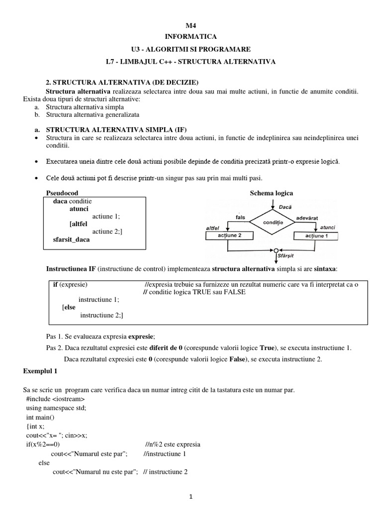 7 Info M4 U3 L7 25-29.03.2024 Structura Alternativa C++ | PDF