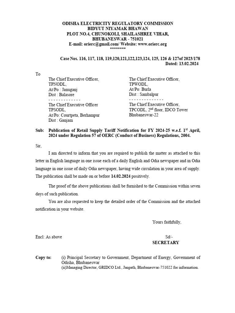 Odisha Retail Supply Tariff 2024-25 Notification | PDF | Tariff ...