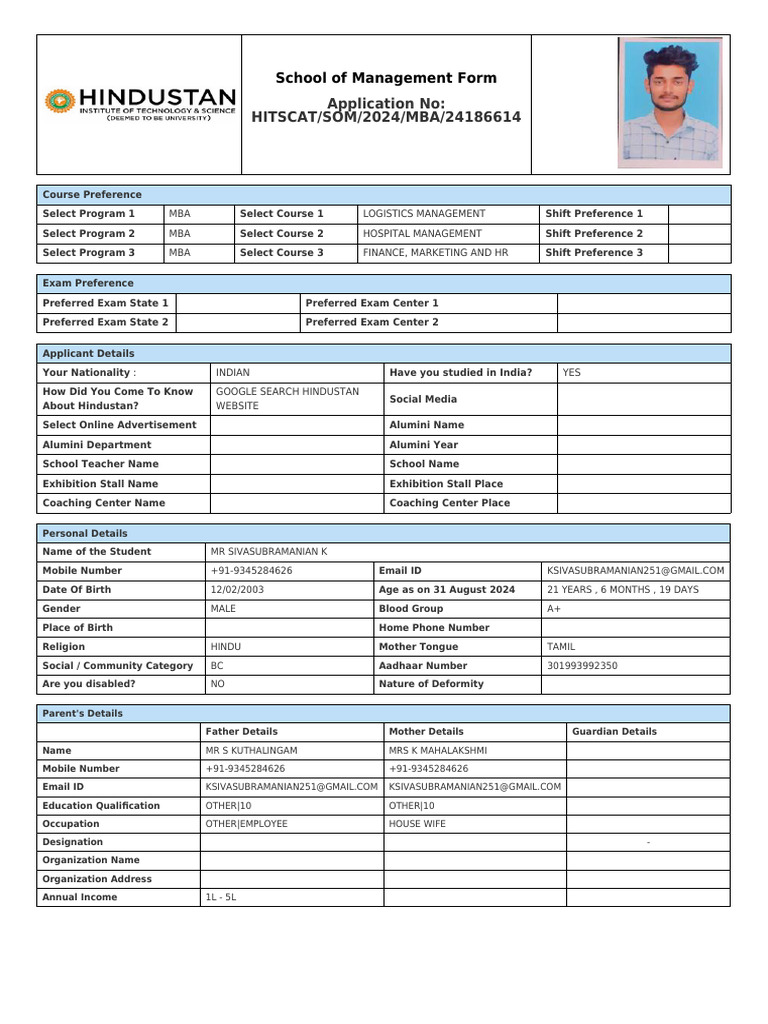 Application Form HITSCAT SOM 2024 MBA 24186614 | PDF