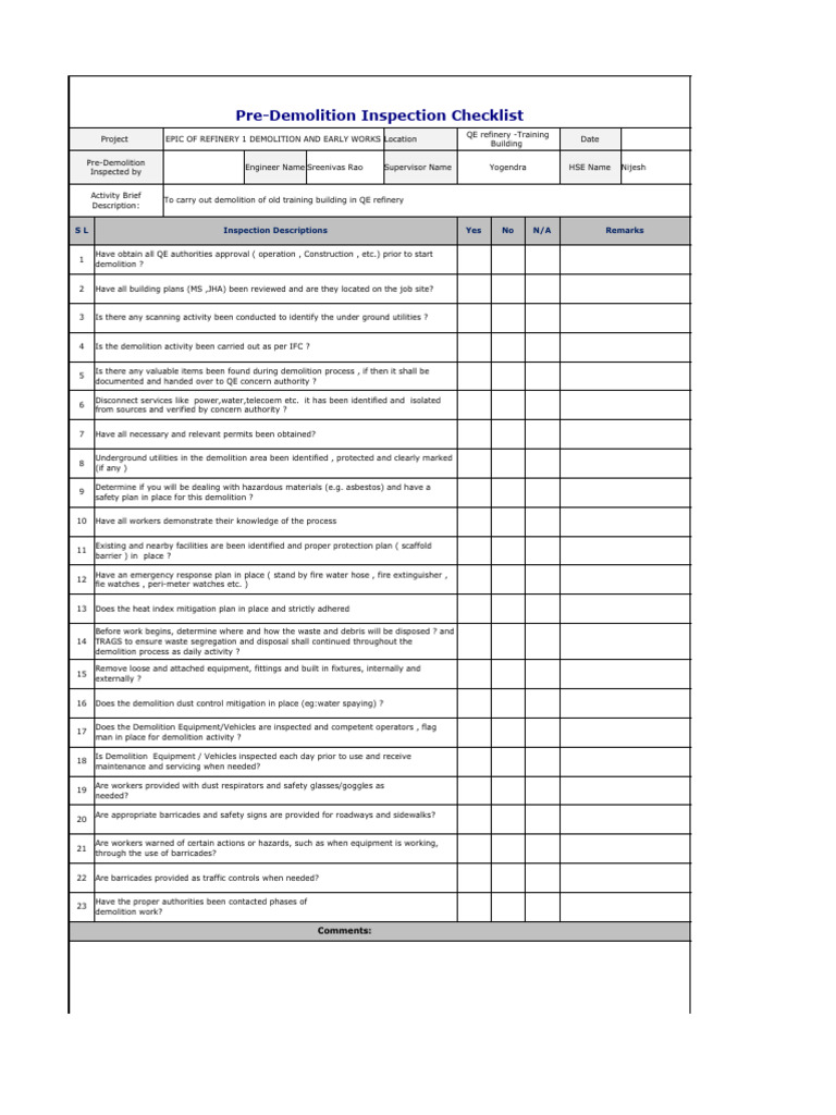 Pre-Demolition Inspection Checklist | PDF | Demolition | Occupational ...