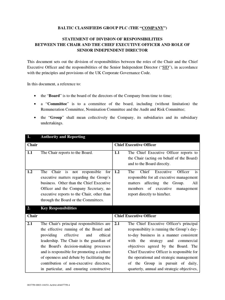 Statement of Division of Responsibilities Between The Chair and The CEO ...