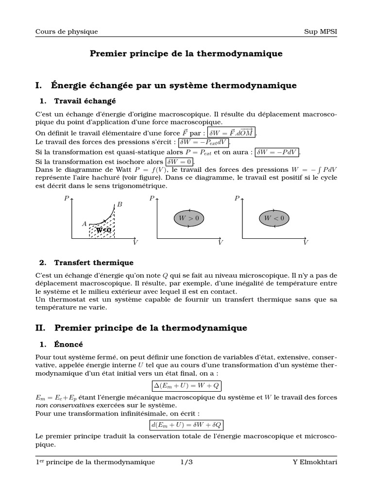 Premier principe de la thermodynamique | PDF | Thermodynamique ...