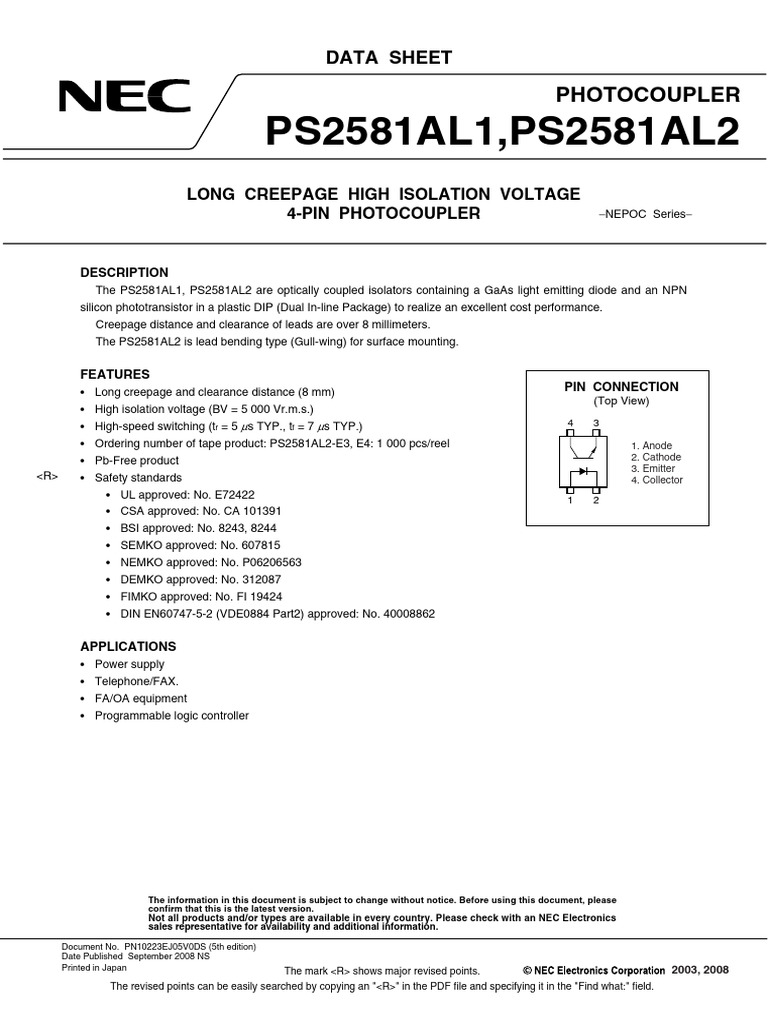 PS2581A Optocoupler Datasheet | PDF | Soldering | Electrical Engineering