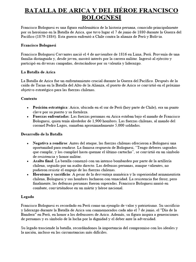 Batalla de Arica y Del Héroe Francisco Bolognesi | PDF | Perú | Conflictos
