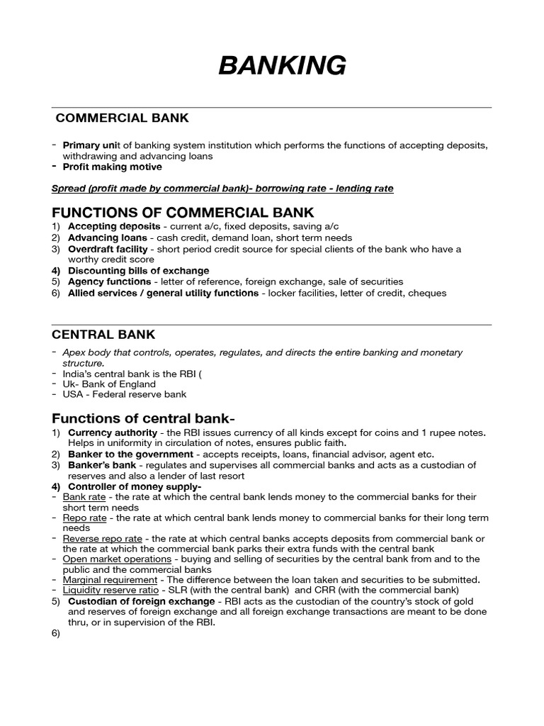 Class 12 Economics Banking Notes Pdf Banks Reserve Bank Of India