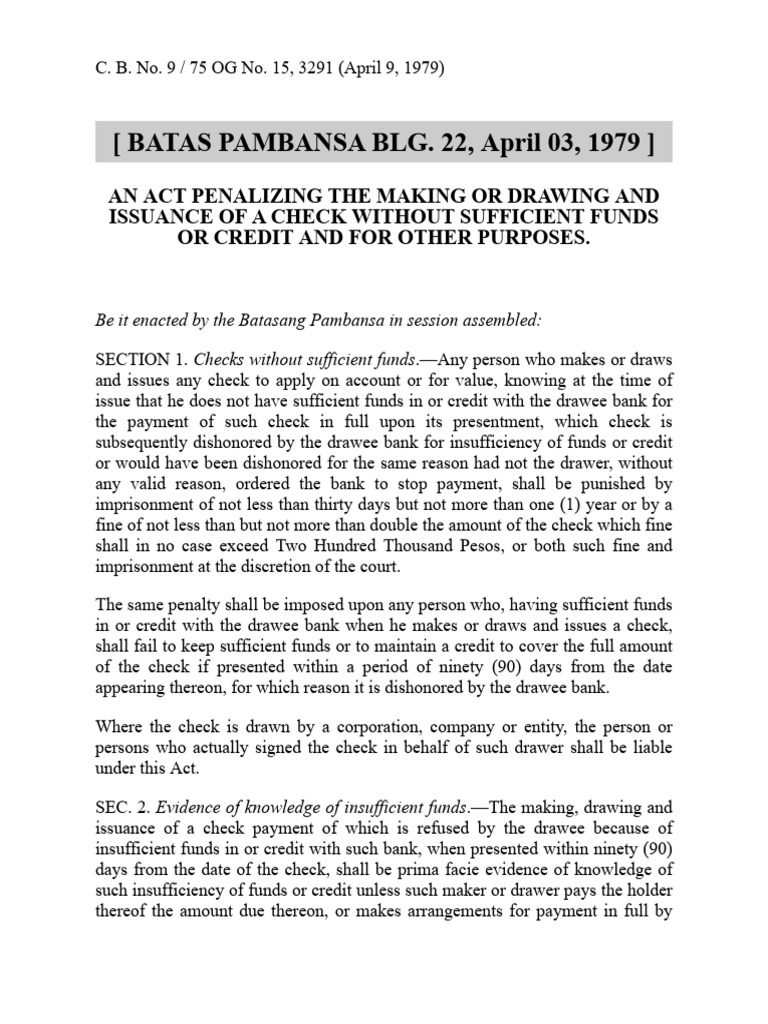 09 Bp 22 Bouncing Checks Law Pdf Justice Crime Violence
