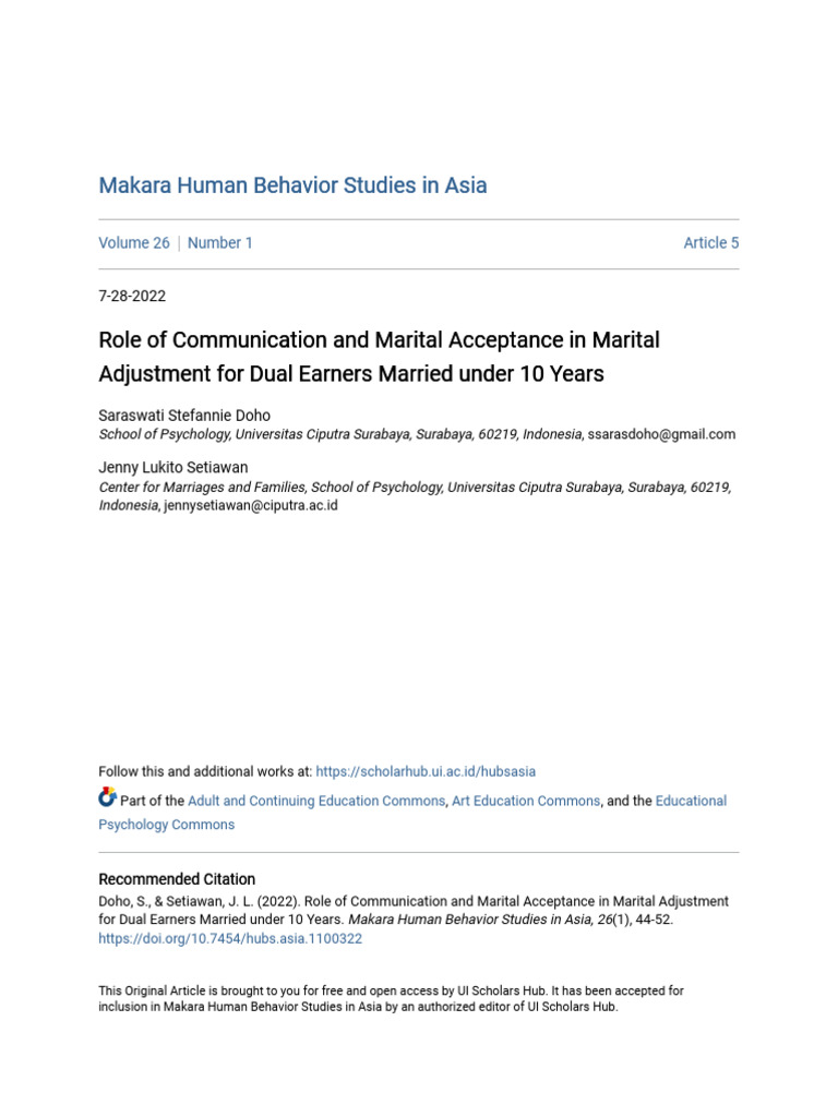 Role of Communication and Marital Acceptance in Marital Adjustment for ...