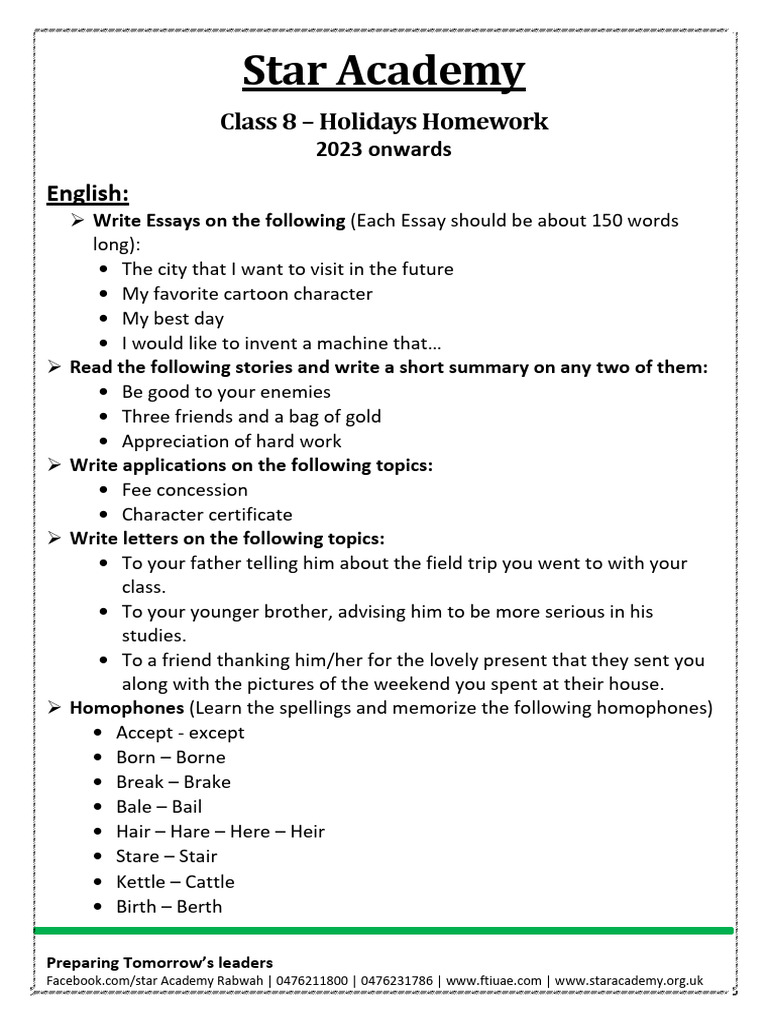 Class 8 Holiday Homework Guide | PDF | Linguistics | Languages