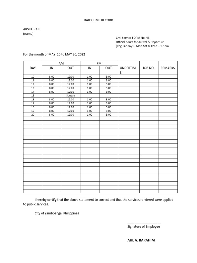 Daily Time Record for May 2022 | PDF | Labor