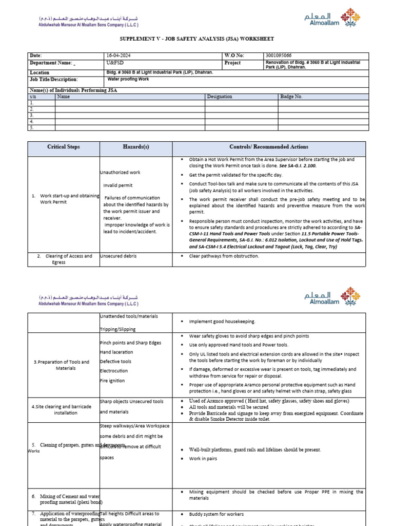 JSA - Water Proofing Work3060 BLDG | PDF | Personal Protective ...