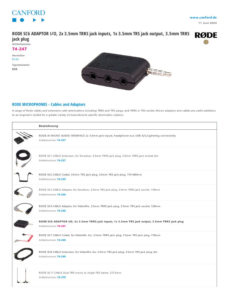 RODE Cables and Adaptors Overview | PDF | Electrical Components | Audio ...