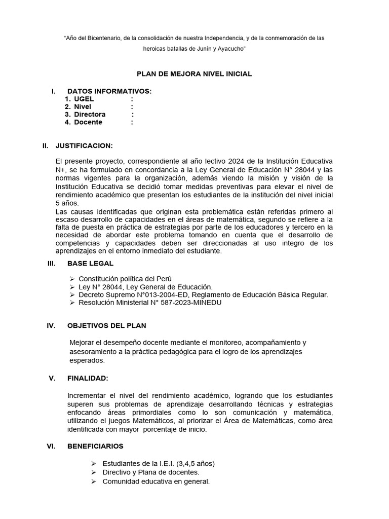 Plan de Mejora 2024 para Nivel Inicial | PDF | Educación de la primera ...