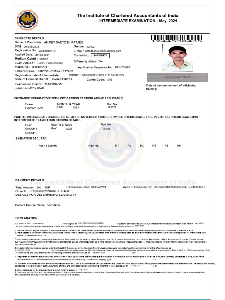 ICAI Intermediate Exam Application Form | PDF | Finance & Money Management