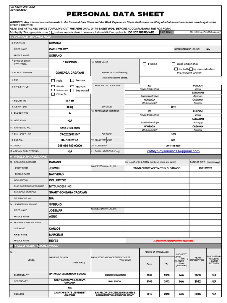 Personal Data Sheet CS Form No. 212 Revised 2017 | PDF | Government