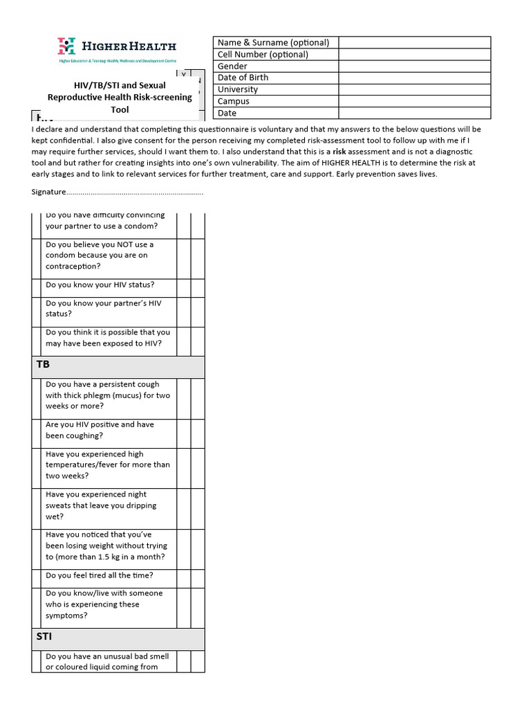 HIV, TB, STI Risk Assessment Tool | PDF | Safe Sex | Sexually ...