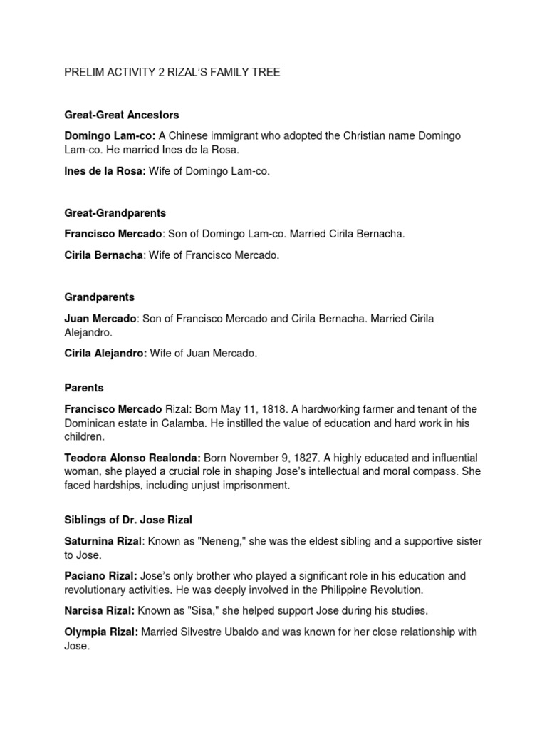 Rizal Family Tree Overview | PDF | Philippines | Spanish East Indies