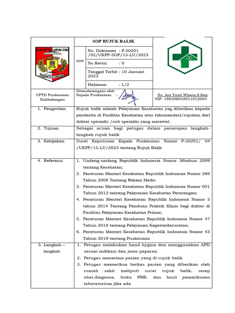 SOP Rujuk Balik Puskesmas Kalibalangan | PDF | Pengembangan Diri ...