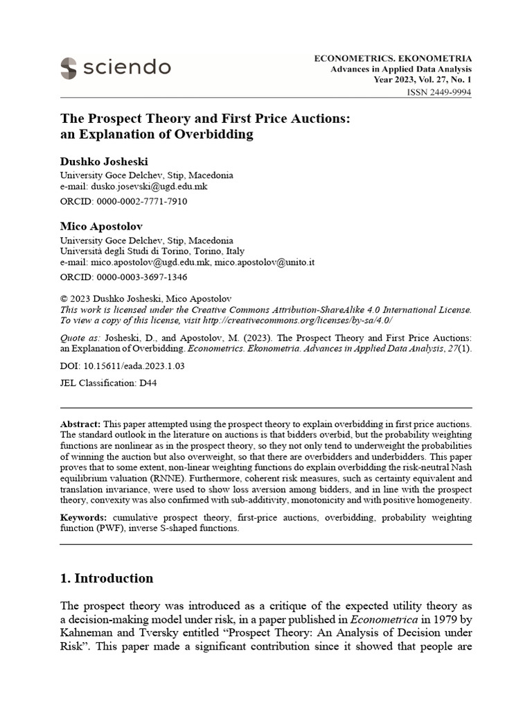 The Prospect Theory And First Price Auctions An Explanation Of