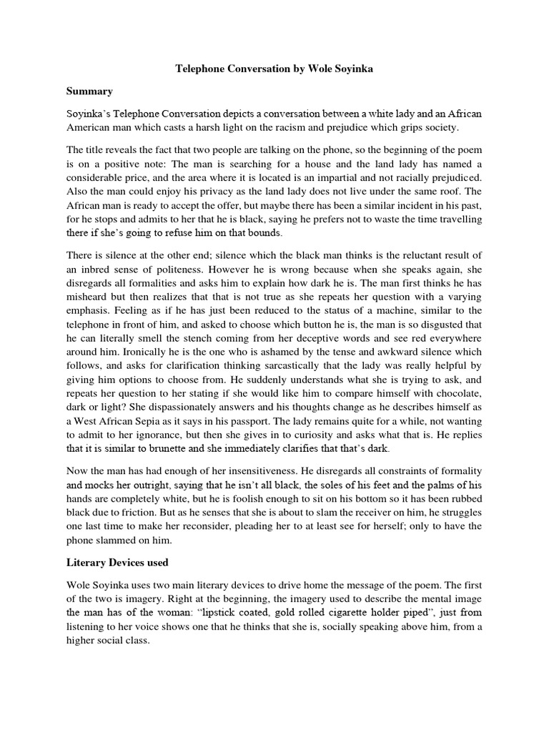 Telephone Conversation by Wole Soyinka | PDF | Prejudices