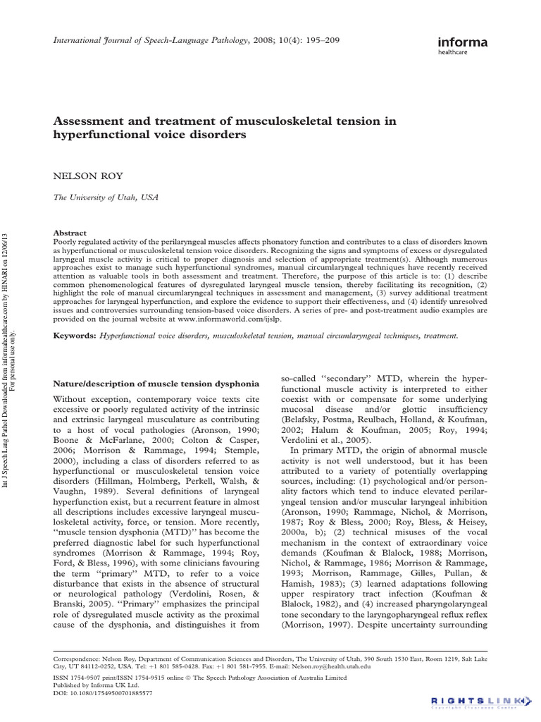 Assesment An Treatment Hiperfuntional Voice Disorders. | PDF | Larynx ...