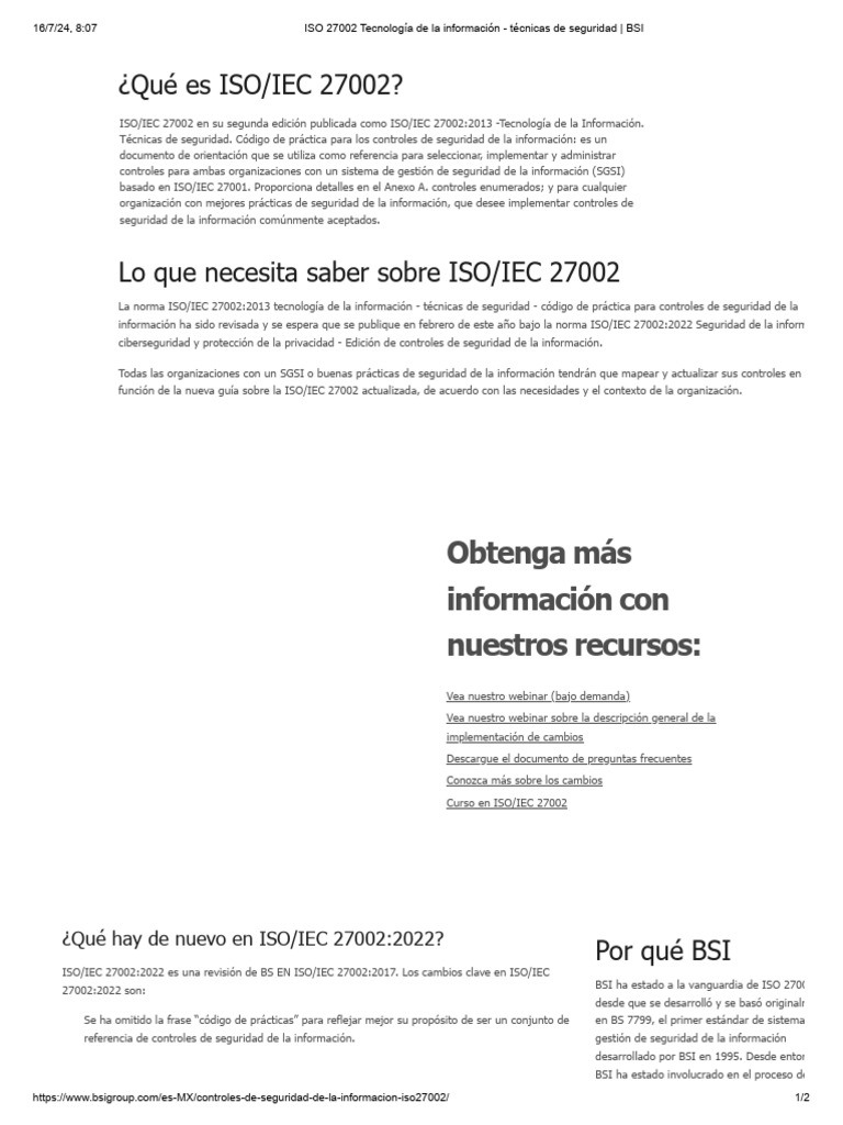ISO 27002 Tecnología de La Información - Técnicas de Seguridad - BSI ...