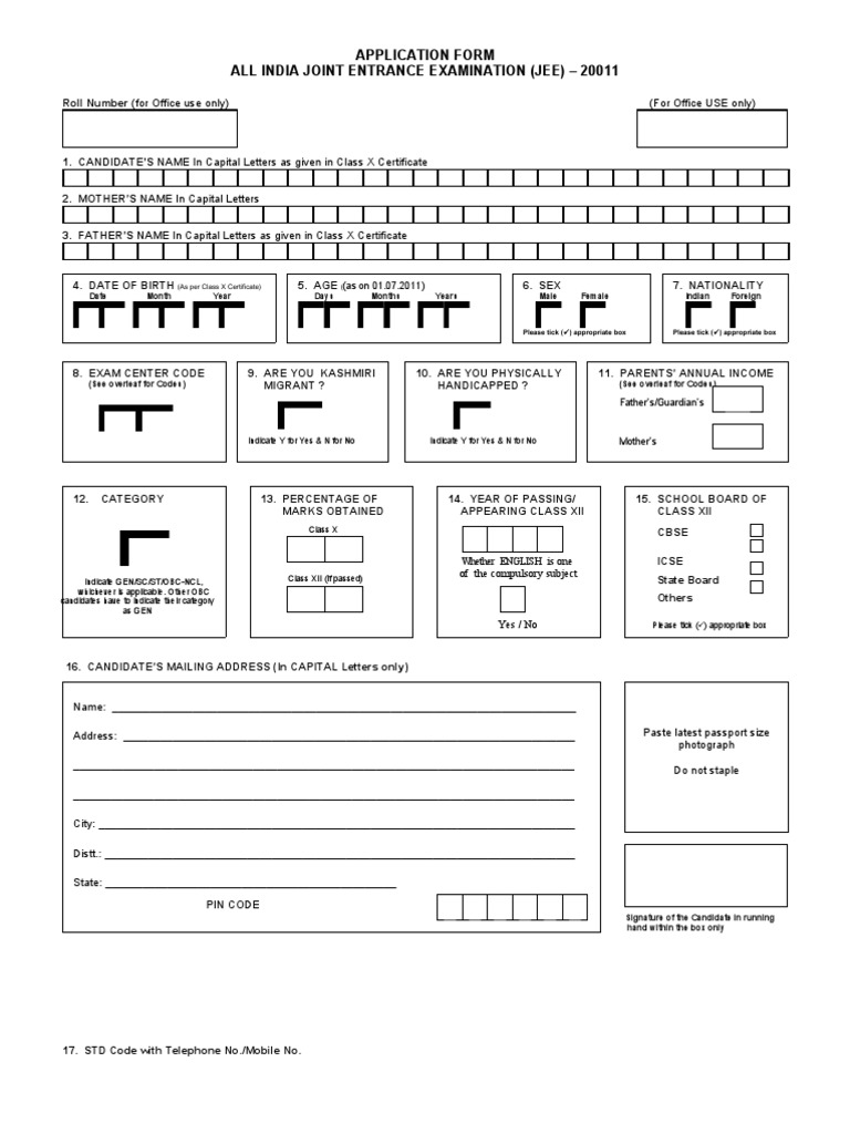 Application Form All India Joint Entrance Examination (Jee) - 20011 ...