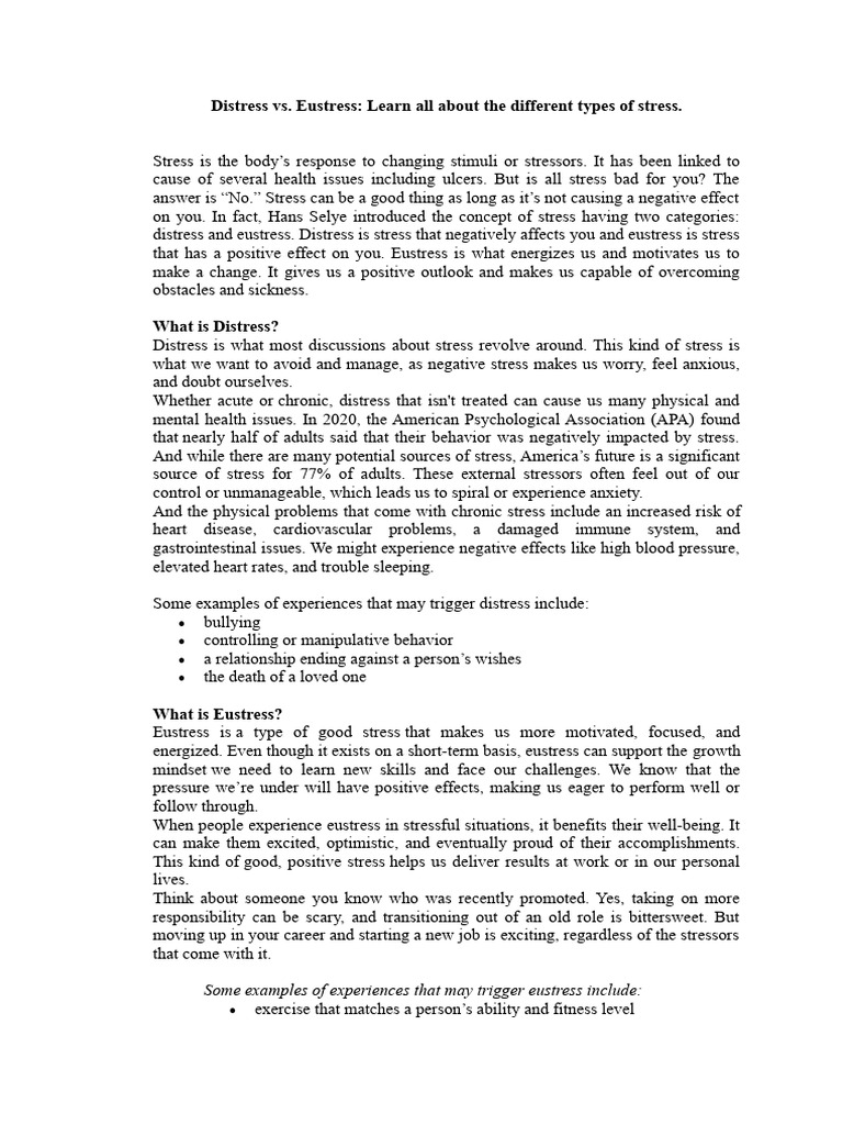 Health - Distress vs. Eustress - Oyardo Joliane Isa | PDF | Stress ...