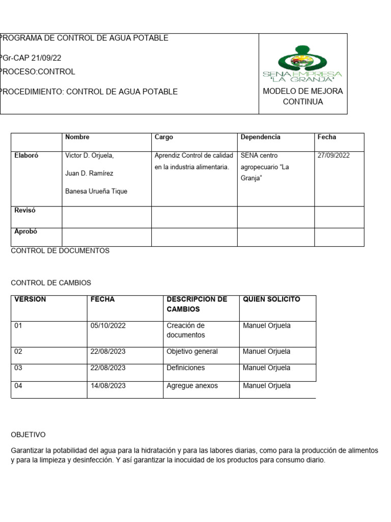 Control De Agua Potable Procedimientos Y Normas Pdf Agua Potable 