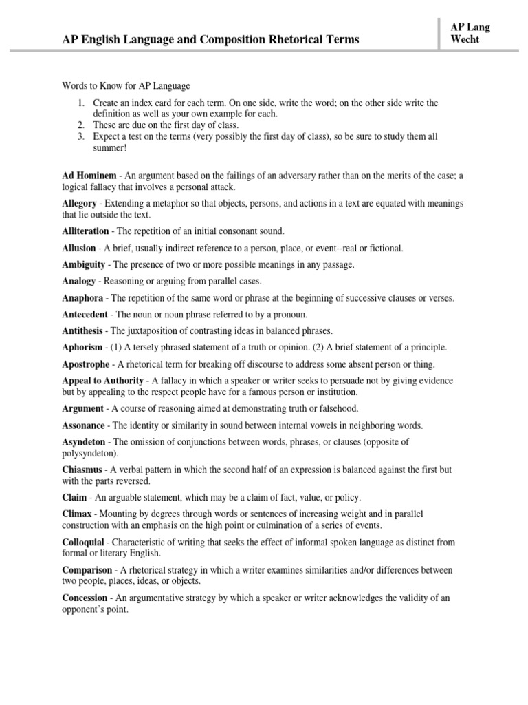 AP Language Rhetorical Terms Guide | PDF | Rhetoric | Fallacy