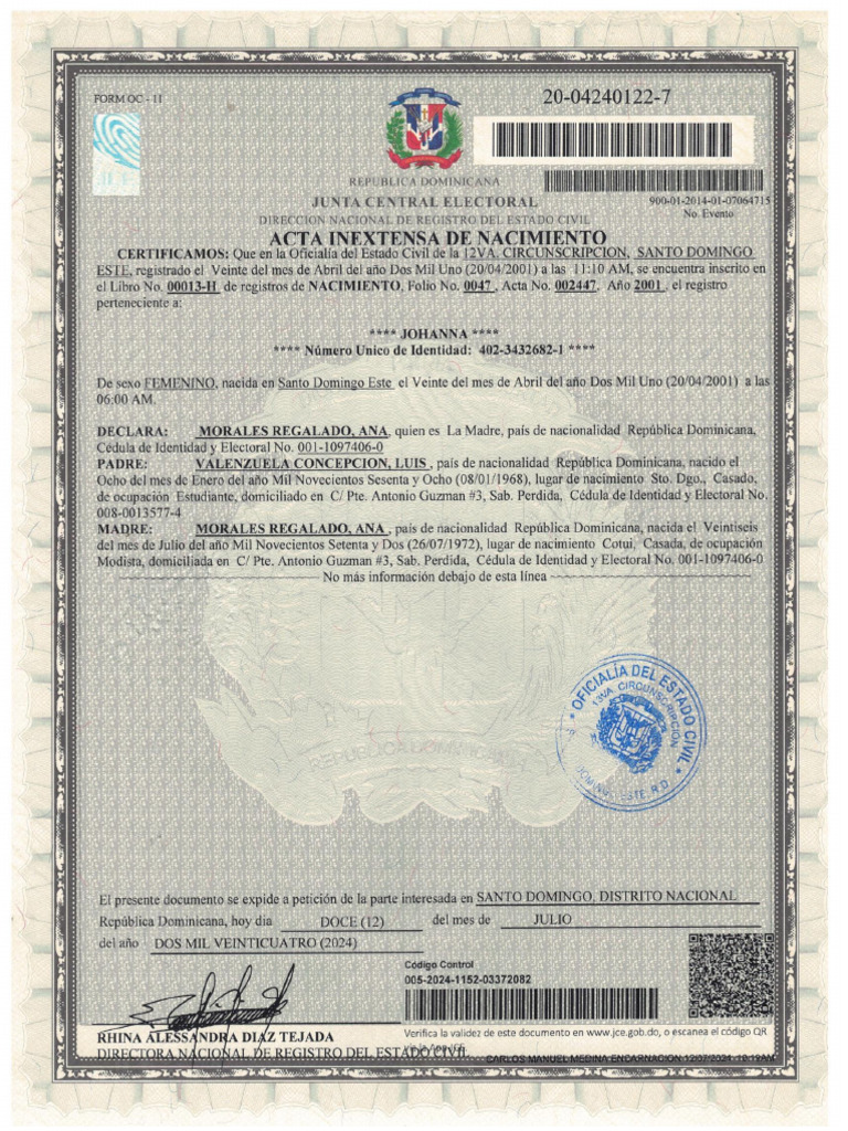 Acta de nacimiento Johanna valenzuela morales PDF