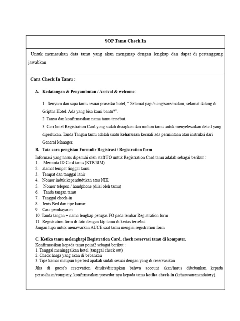 SOP Prosedur Check In Tamu Hotel | PDF | Karier & Perkembangan ...