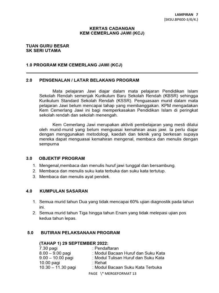Program Kem Cemerlang Jawi 2022 | PDF