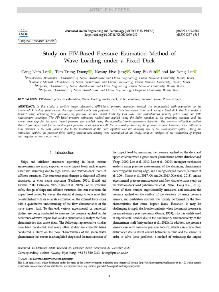 PIV-Based Pressure Estimation for Wave Loads | PDF | Fluid Dynamics | Waves