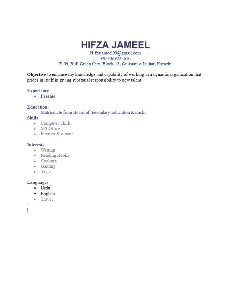 Hifza Jameel - Fresh Graduate Resume | PDF | Career & Growth