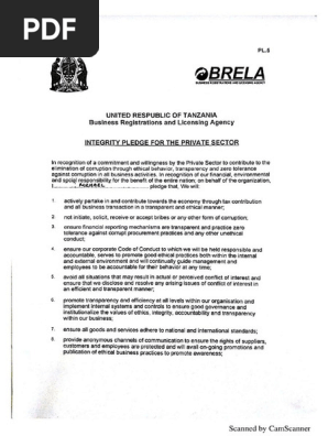 Brela integrity pledge form