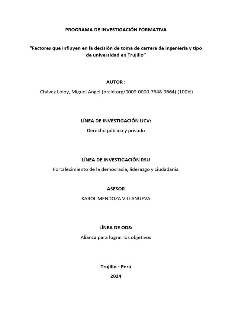 Factores Que Influyen en La Decisión de Toma de Carrera de Ingeniería y ...
