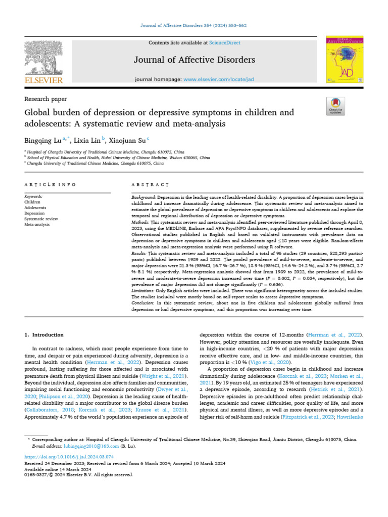 Global Burden of Depression in Children and Adolescent A Systematic ...