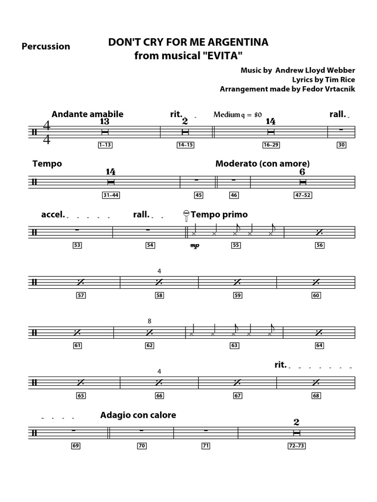 DONT CRY FOR ME ARGENTINA FULL SCORE Percussion | PDF | Tempo | Musical ...