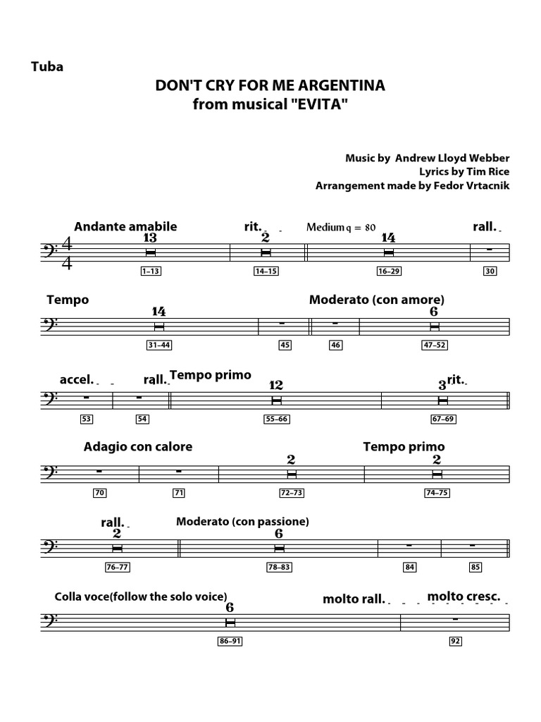 DONT CRY FOR ME ARGENTINA FULL SCORE Tuba | PDF