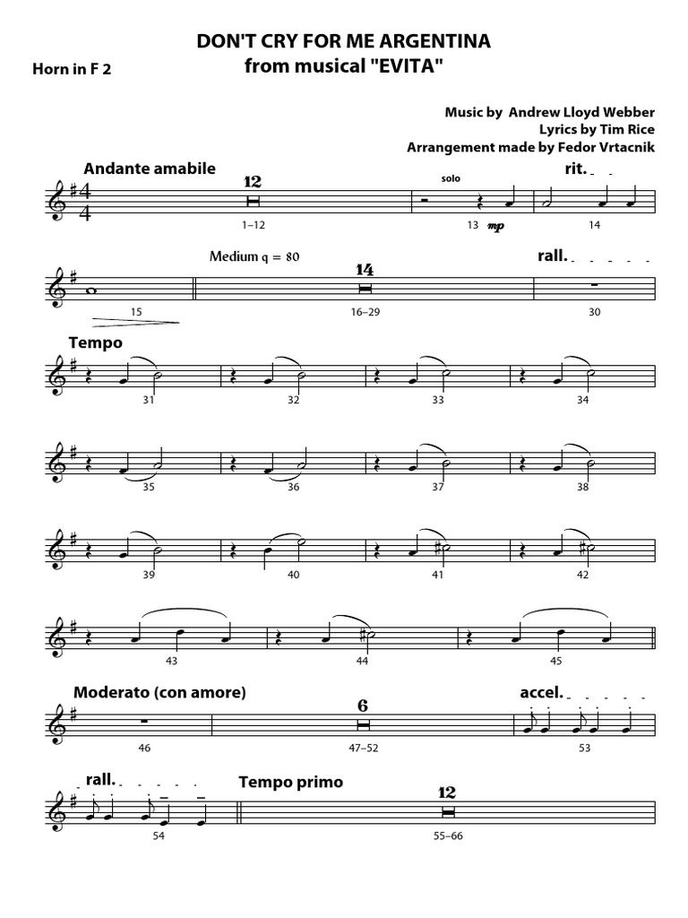 DONT CRY FOR ME ARGENTINA FULL SCORE Horn in F 2 | PDF