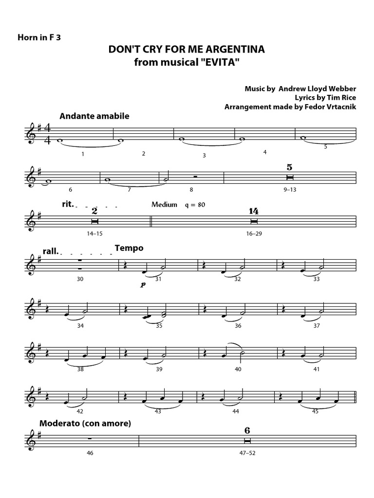 DONT CRY FOR ME ARGENTINA FULL SCORE Horn in F 3 | PDF