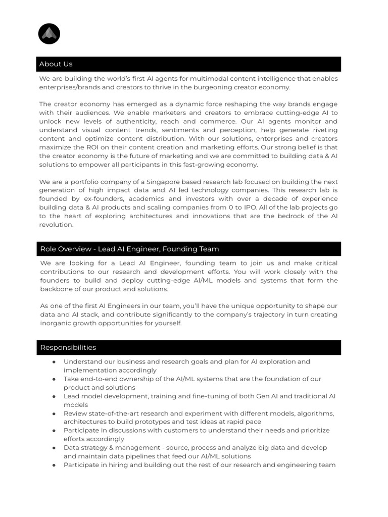 Stealth Startup - Lead AI Engineer JD | PDF | Artificial Intelligence ...