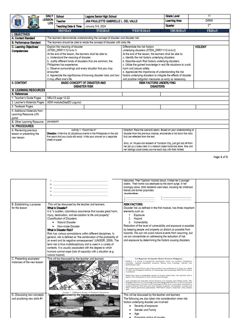 DLL Lessonlog DRR Week 2 | PDF | Learning | Risk