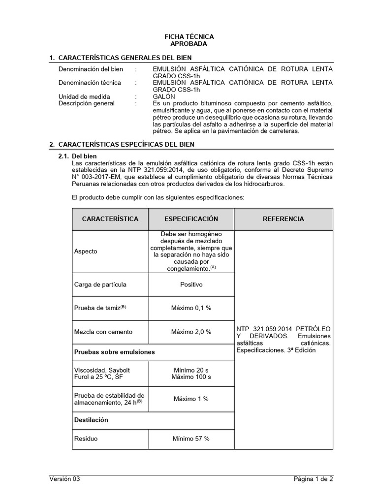 Emulsión Asfáltica CSS-1h: Especificaciones | PDF | Sustancias químicas ...