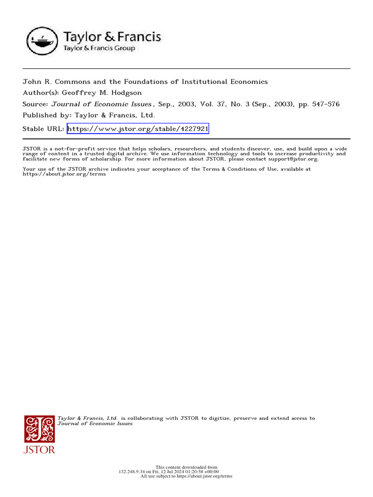John R. Commons and Institutional Economics | PDF | Institutional ...