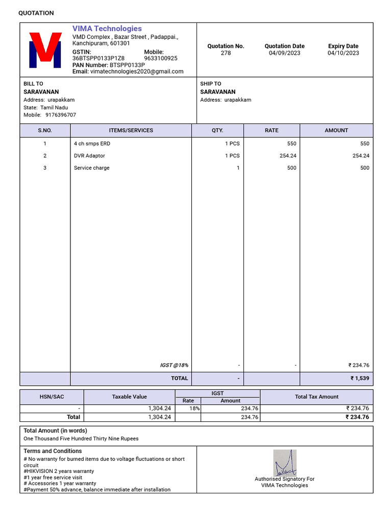 VIMA Technologies Quotation Details | PDF | Taxation | Payments