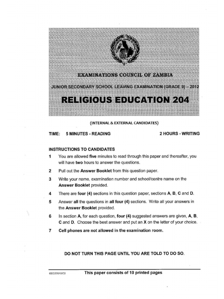 2012 Religious Education Past Paper PDF