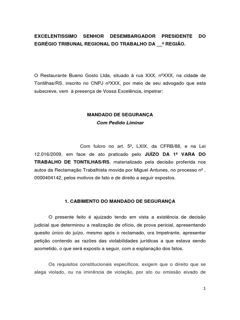 Mandado de Segurança - Restaurante | PDF | Mandamus | Justiça