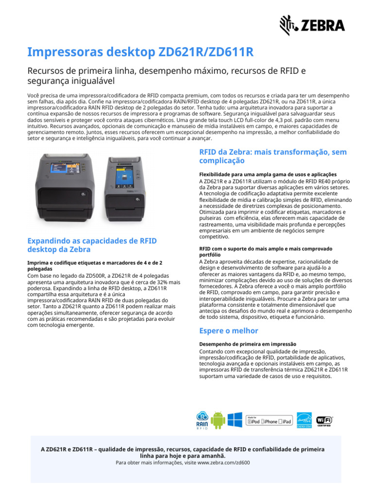 zd600 Rfid Series Spec Sheet PT BR | PDF | Identificação de ...